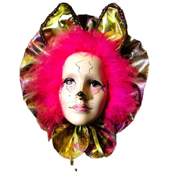 Venetian Porcelain Carnival Mask Painted Cat Face Pink Feathers Gold Foil - Picture 1 of 3